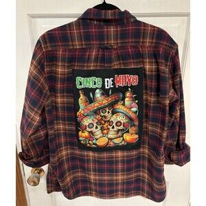 Upcycled Flannel Cinco De Mayo Shirt Men’s Size Large Plaid Party Button Down
